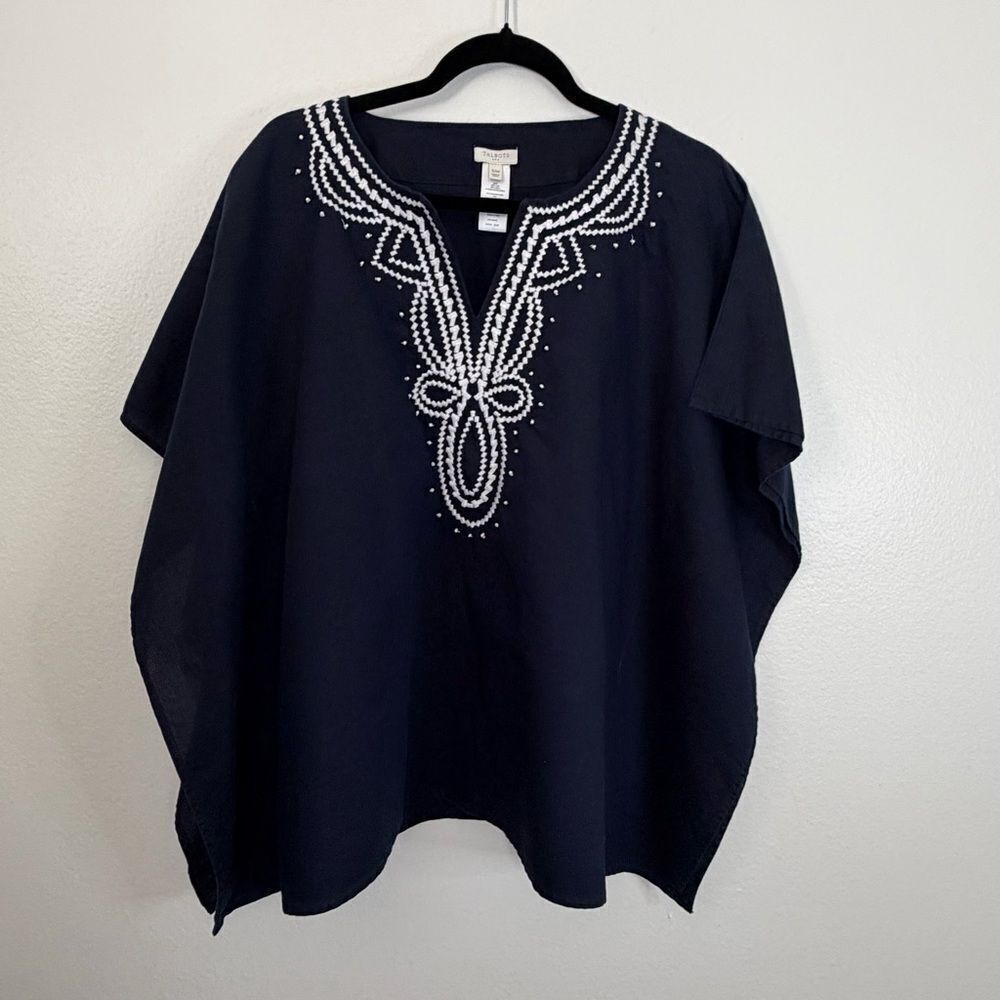 Talbots Factory Poncho Top Linen Blend Size S/M Navy Embroidered Popover